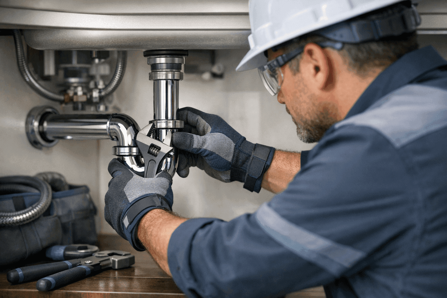 Plumber in safety gear adjusting pipe under sink in a clean residential kitchen