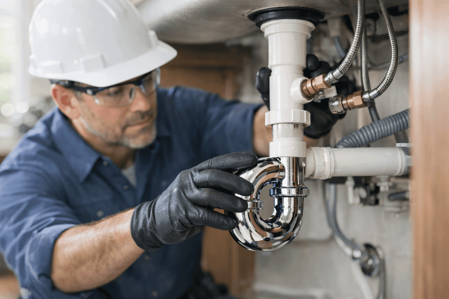 Plumber inspecting pipes and fixtures during homebuyer walk-through
