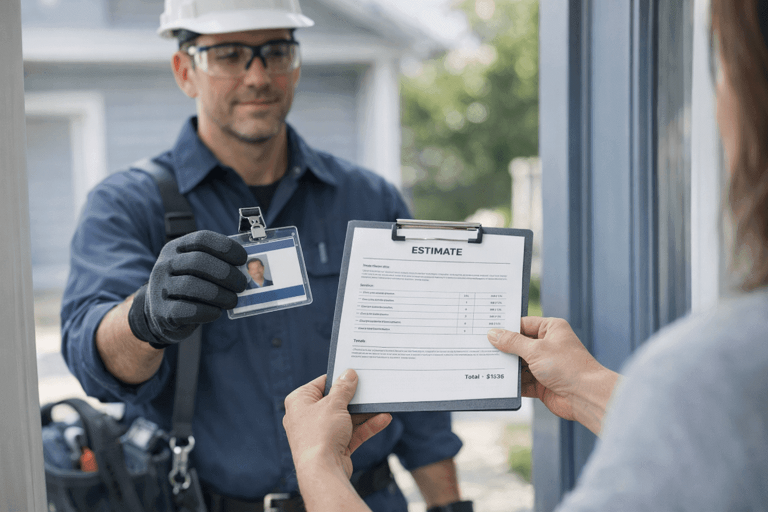 Homeowner reviewing plumber’s ID and estimate sheet