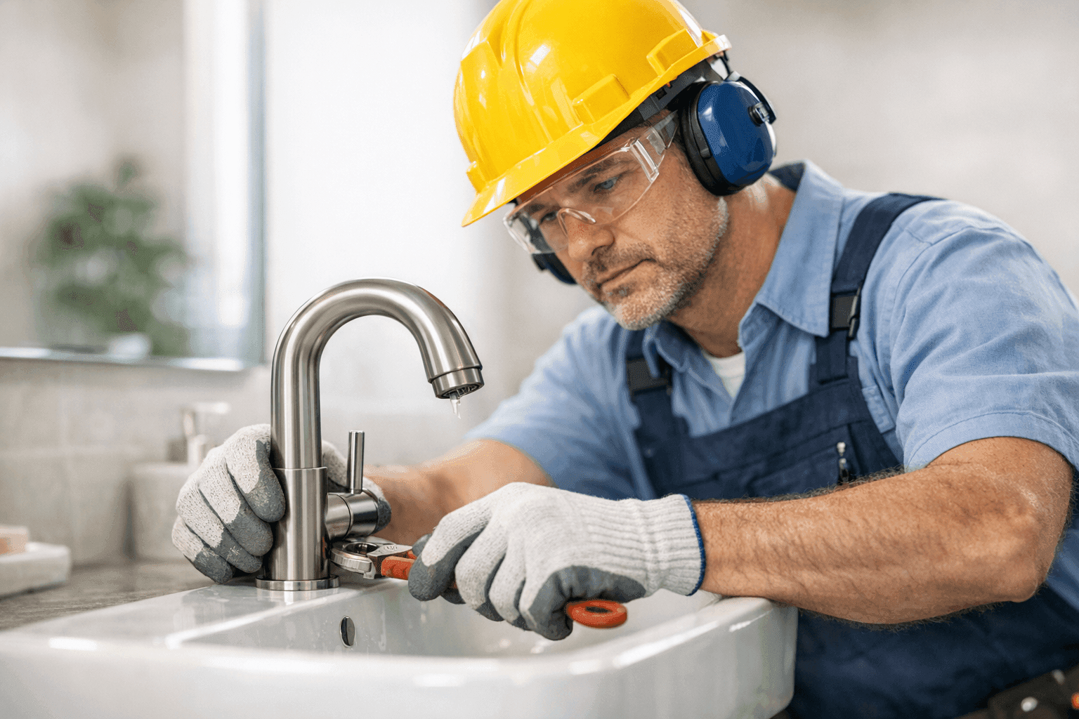 Plumber installing eco-friendly faucet in bathroom