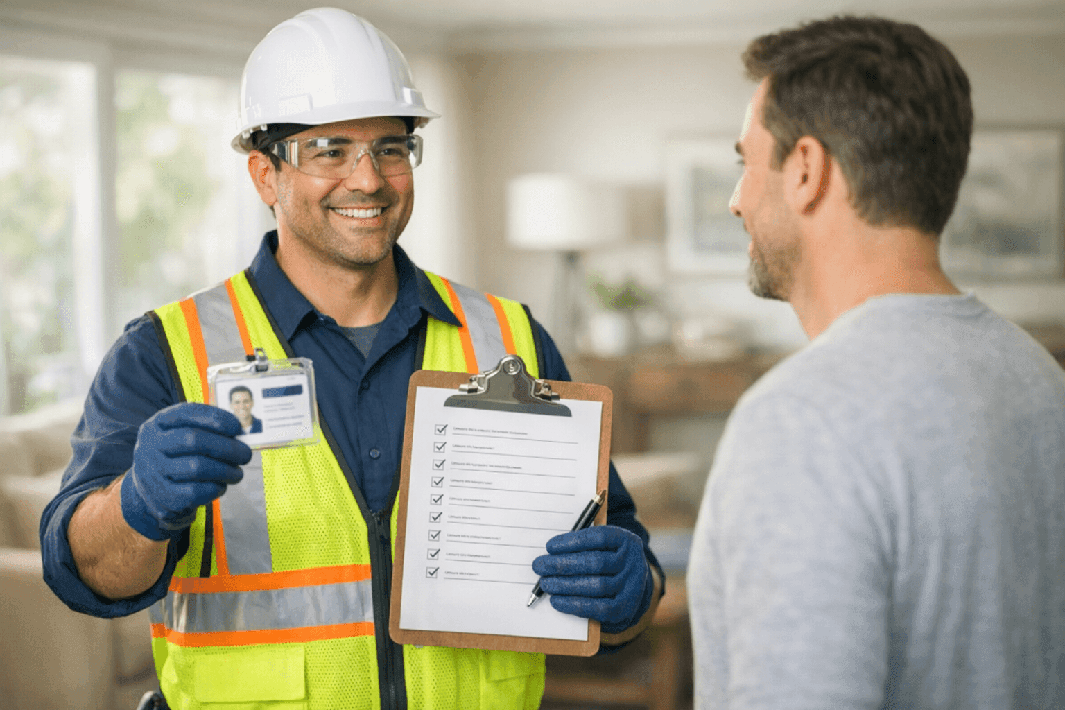 Plumber showing homeowner credentials and checklist