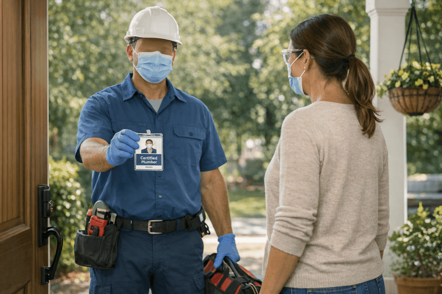 Plumber showing certification badge to homeowner at front door