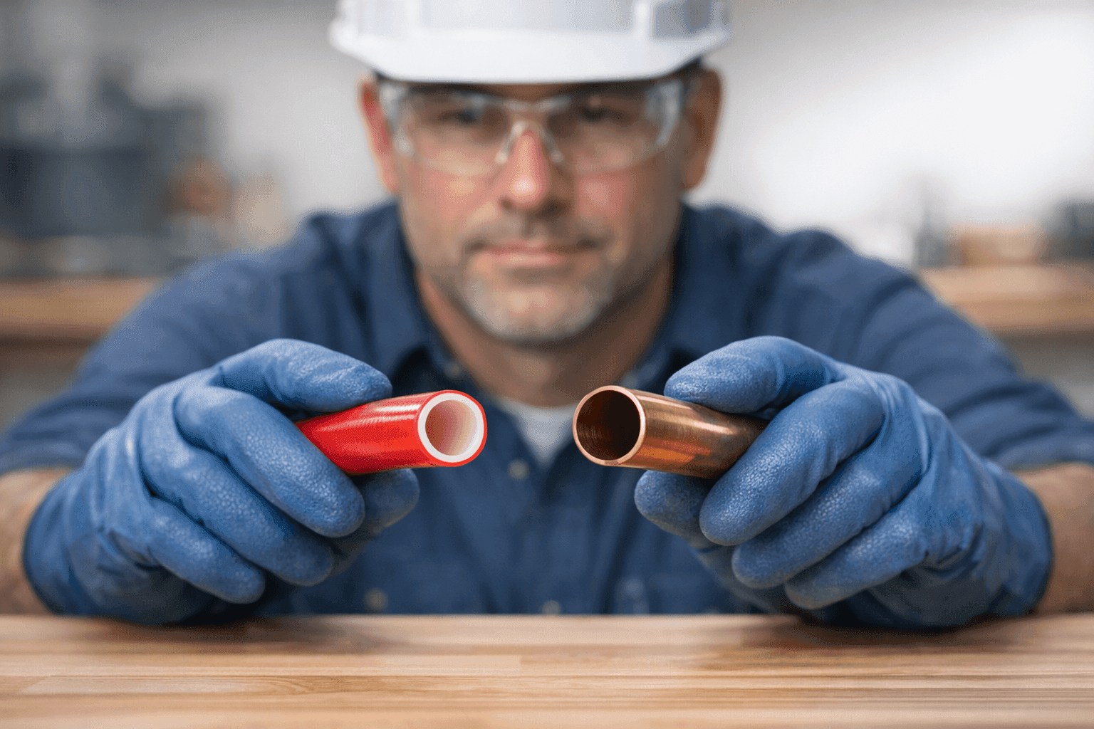 Plumber comparing PEX and copper pipes on workbench
