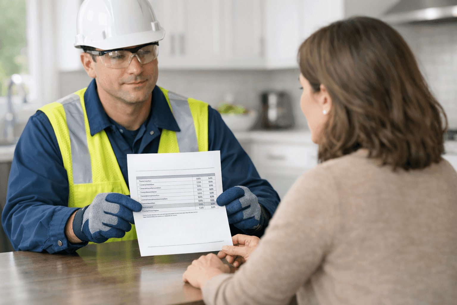 Plumber providing repair estimate to homeowner