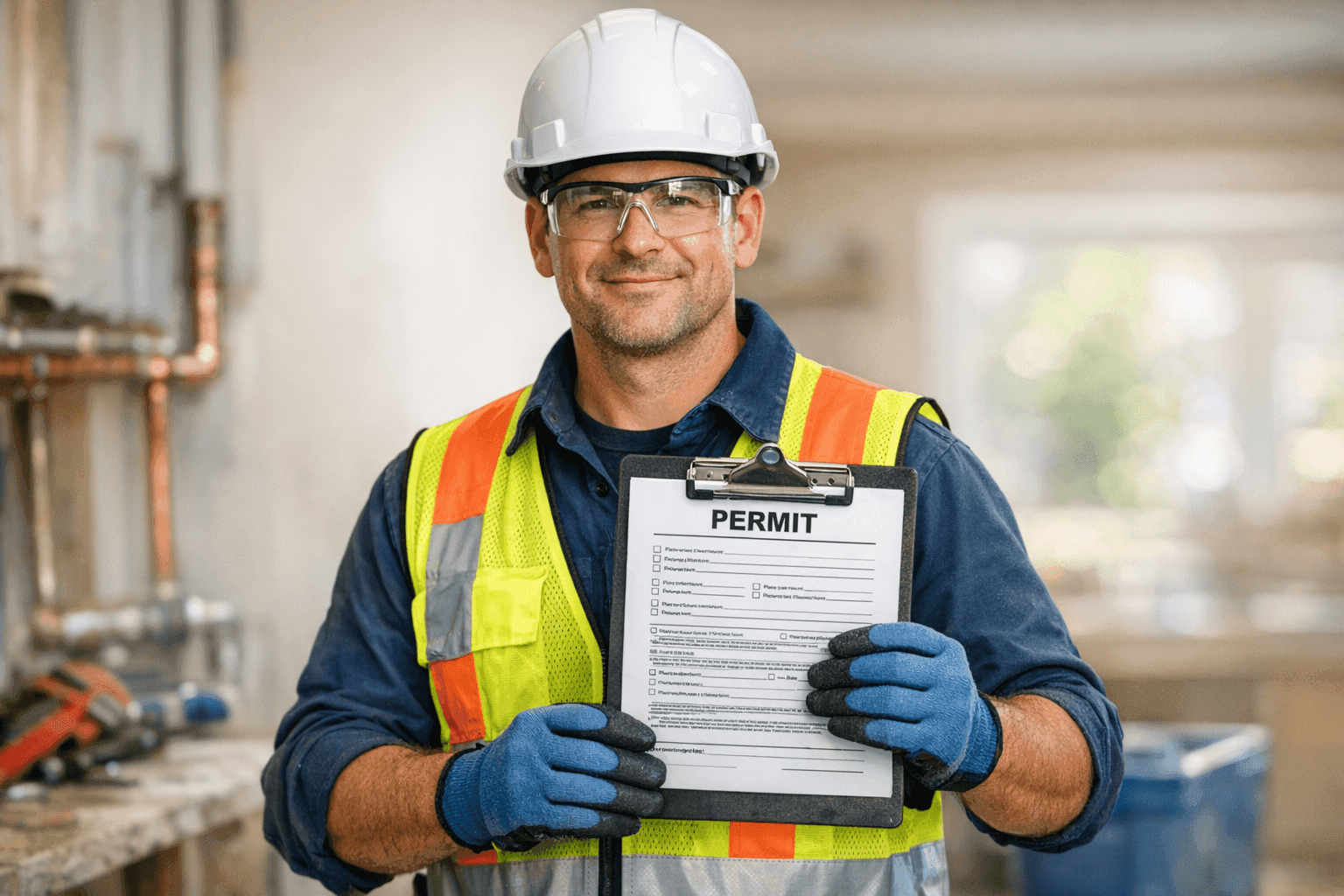 Plumber reviewing permit paperwork on clipboard at job site
