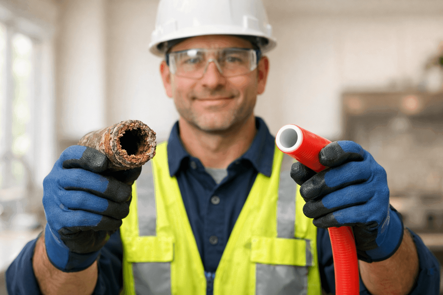 Plumber holding old corroded pipe and new PEX pipe
