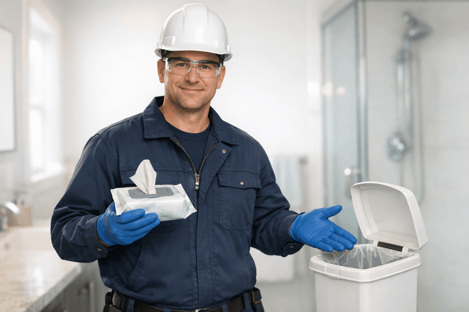 Plumber holding wipes and trash can in bathroom