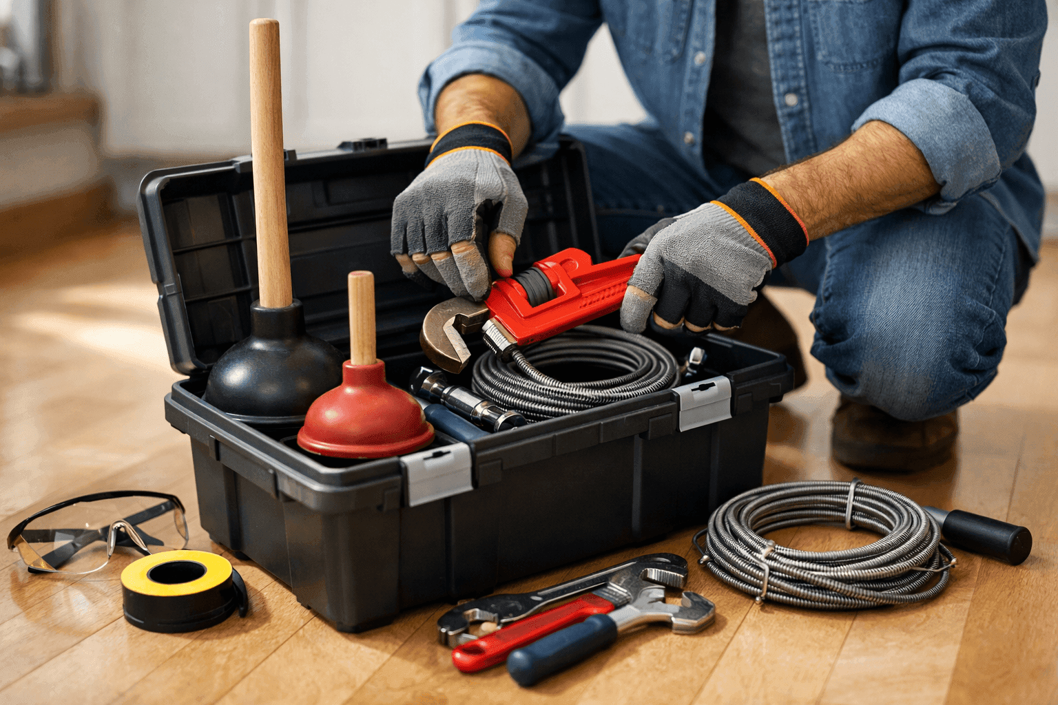 Homeowner organizing plumbing tools in toolbox on kitchen floor