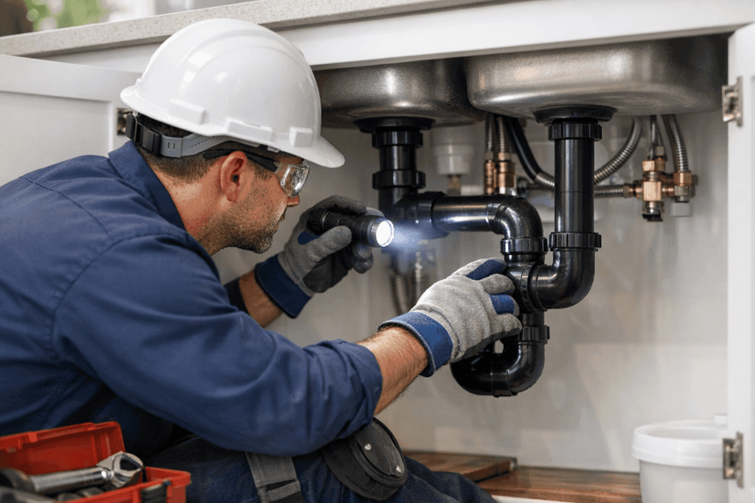 Plumber inspecting pipes for corrosion under sink