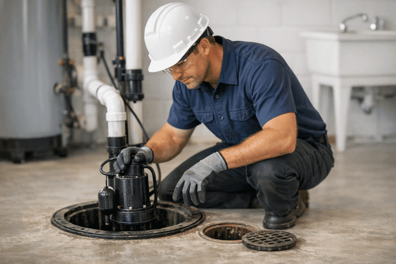 Plumber inspecting sump pump and basement drain