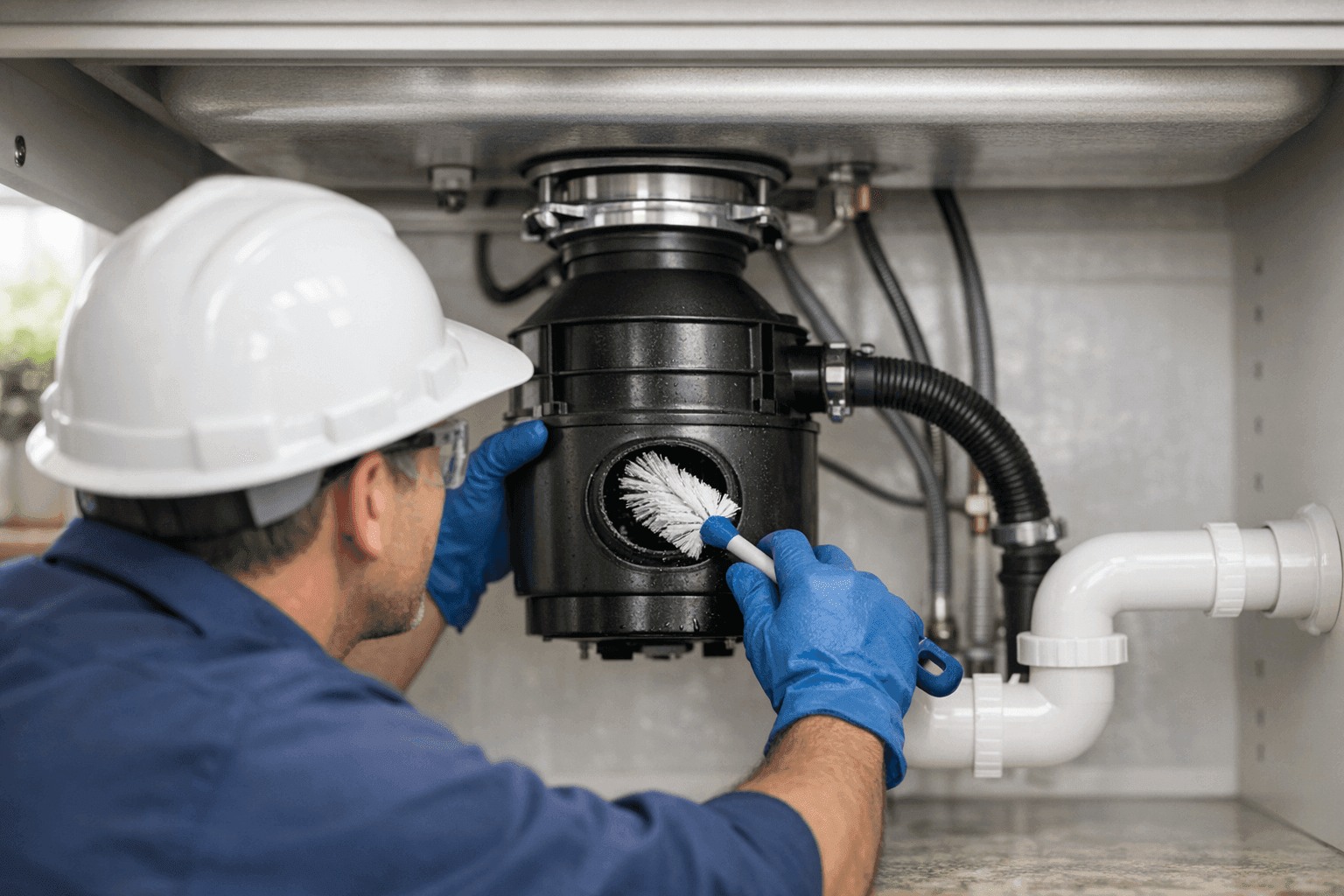 Plumber cleaning garbage disposal under kitchen sink