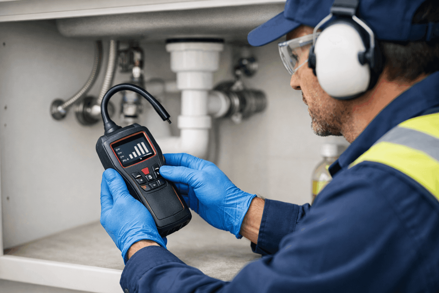 Plumber using electronic leak detector under kitchen sink
