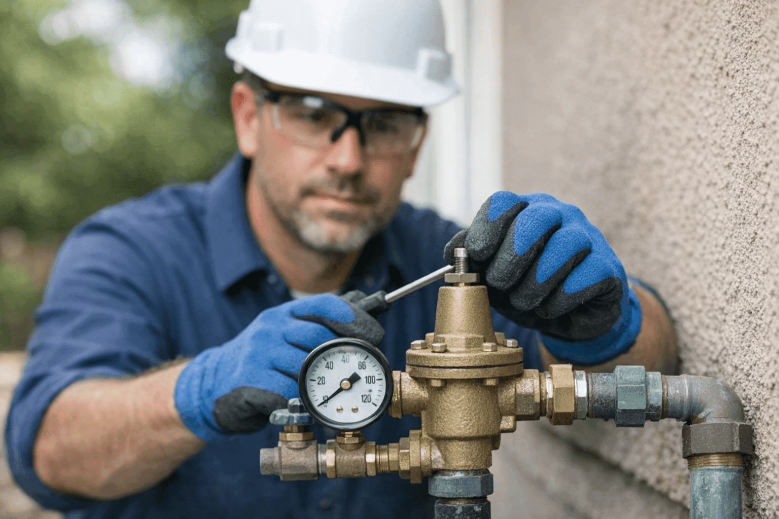 Plumber adjusting home water pressure regulator