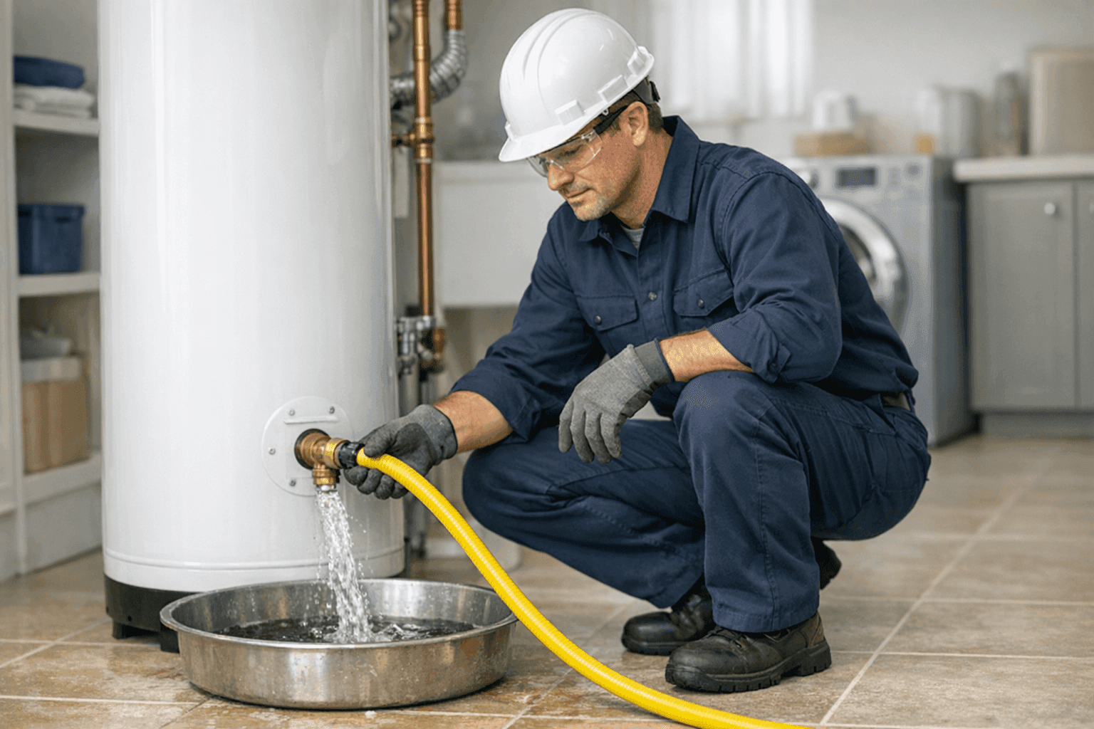 Plumber draining water heater tank during maintenance