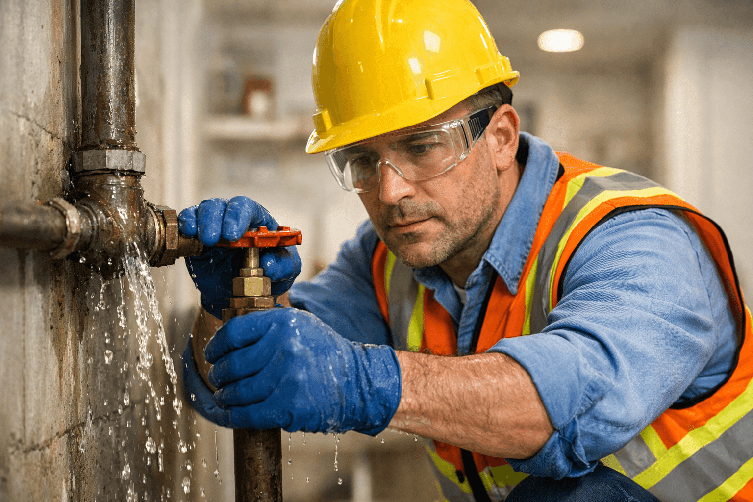 Plumber responding to emergency burst pipe in home