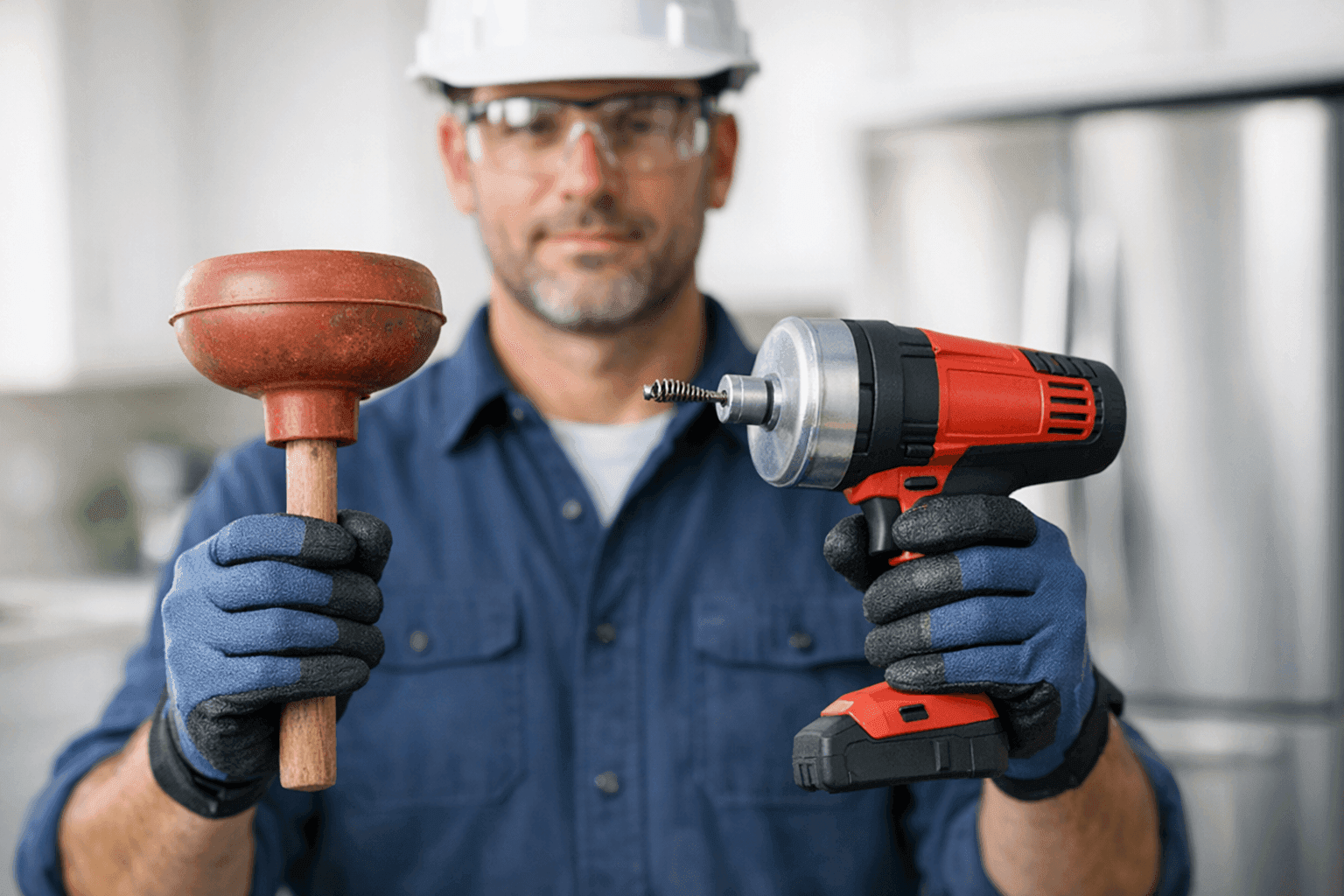 Plumber comparing traditional and modern plumbing maintenance tools