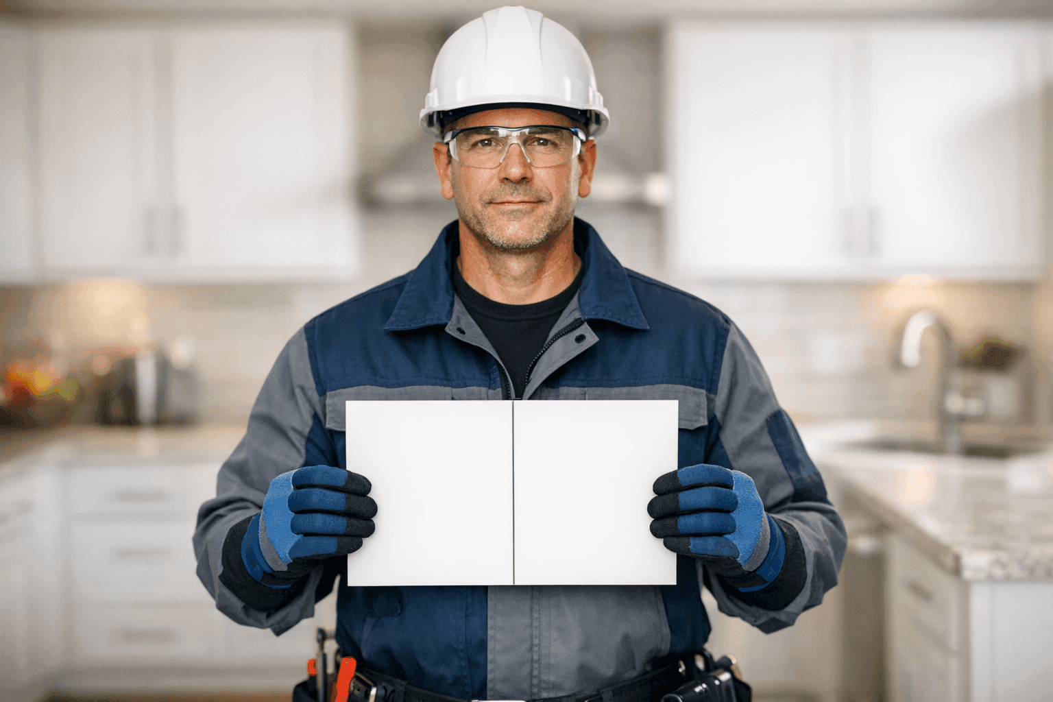 Plumber holding myth vs. fact sign in kitchen