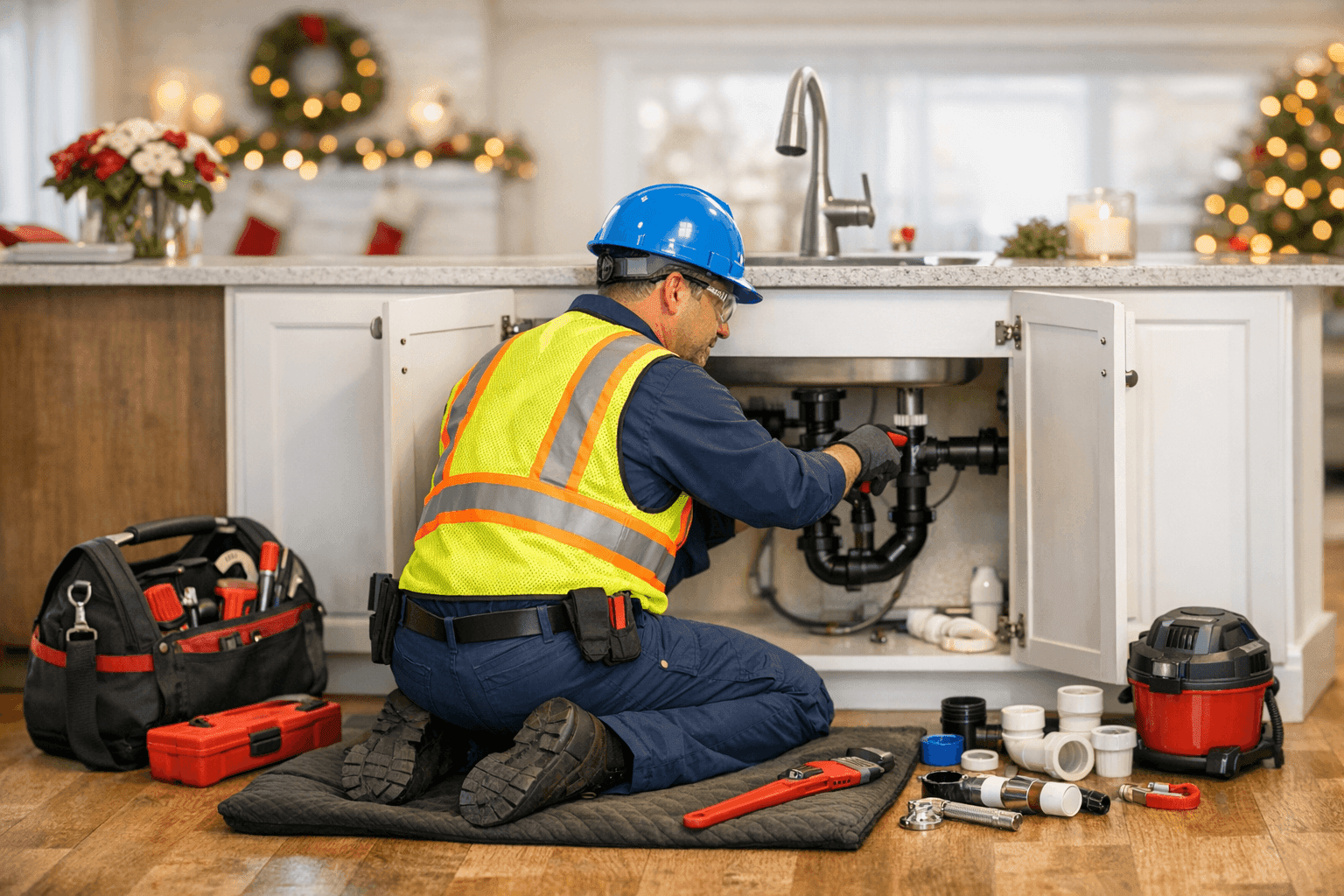 Plumber working on kitchen sink before holiday gathering