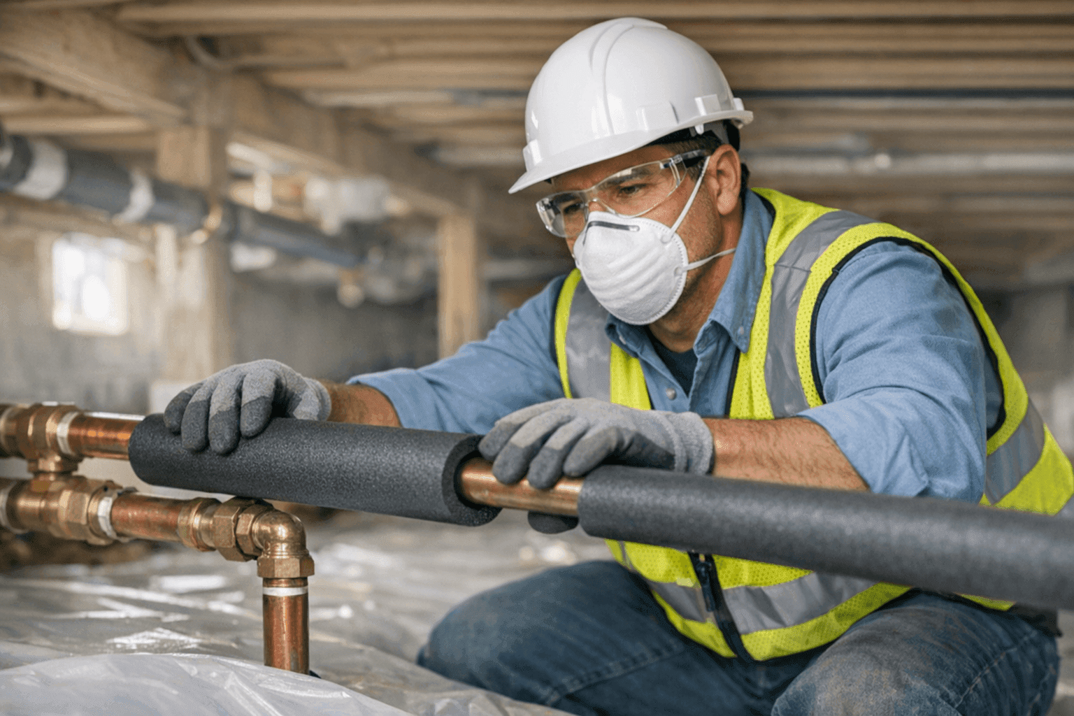 Plumber installing pipe insulation in cold crawl space