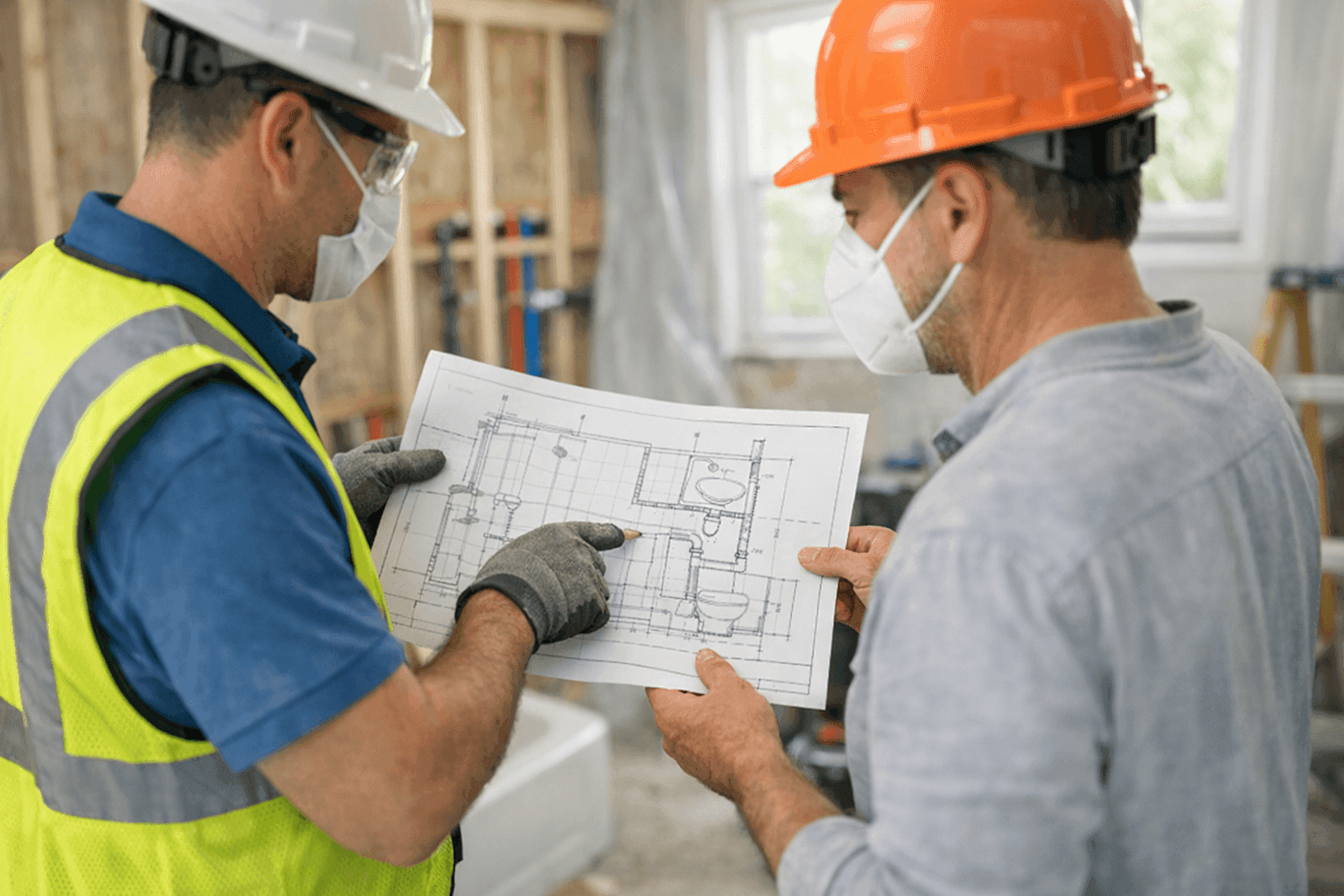 Plumber reviewing bathroom remodel plans with homeowner