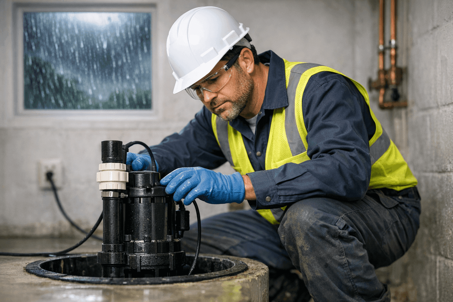 Plumber inspecting sump pump before storm