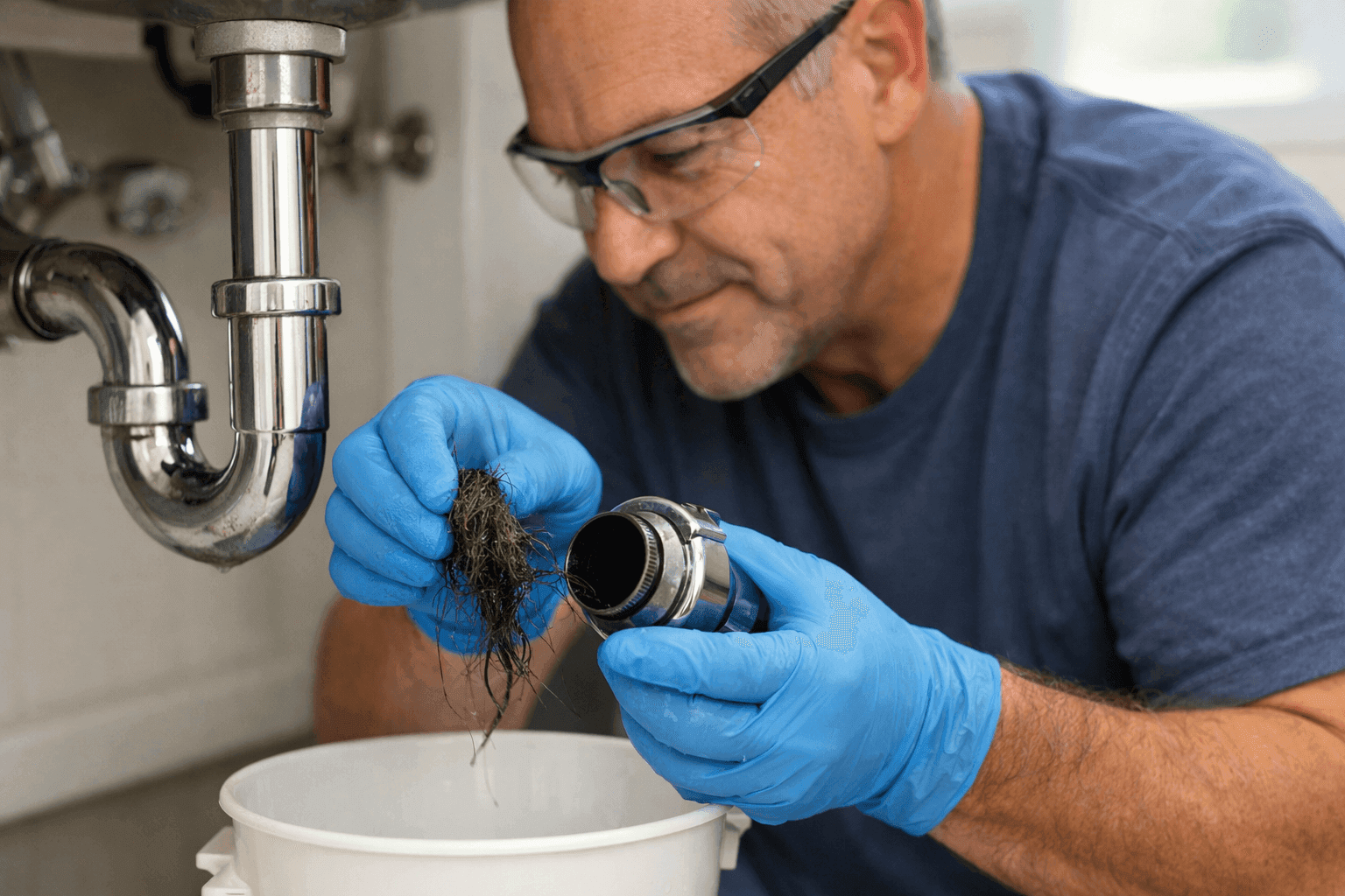 Homeowner cleaning bathroom drain trap