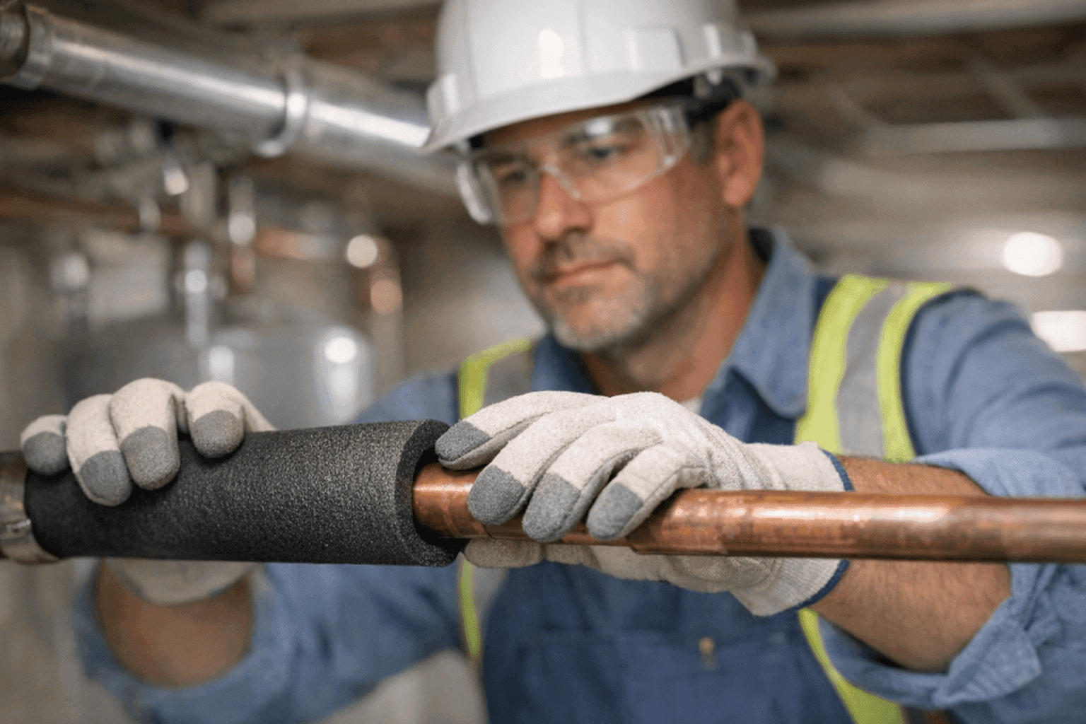 Plumber insulating exposed pipes in basement