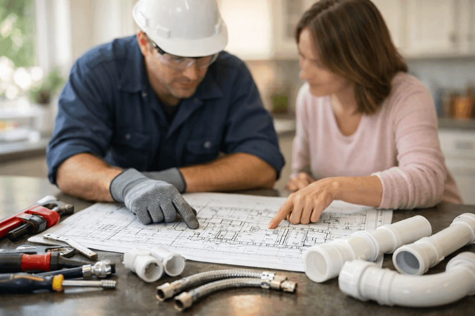 Plumber reviewing kitchen remodel blueprints with homeowner