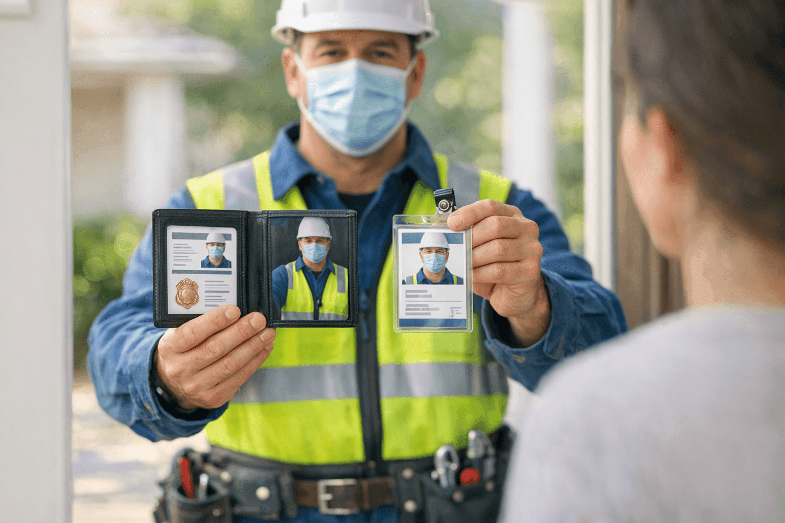 Plumber presenting credentials and ID badge to homeowner