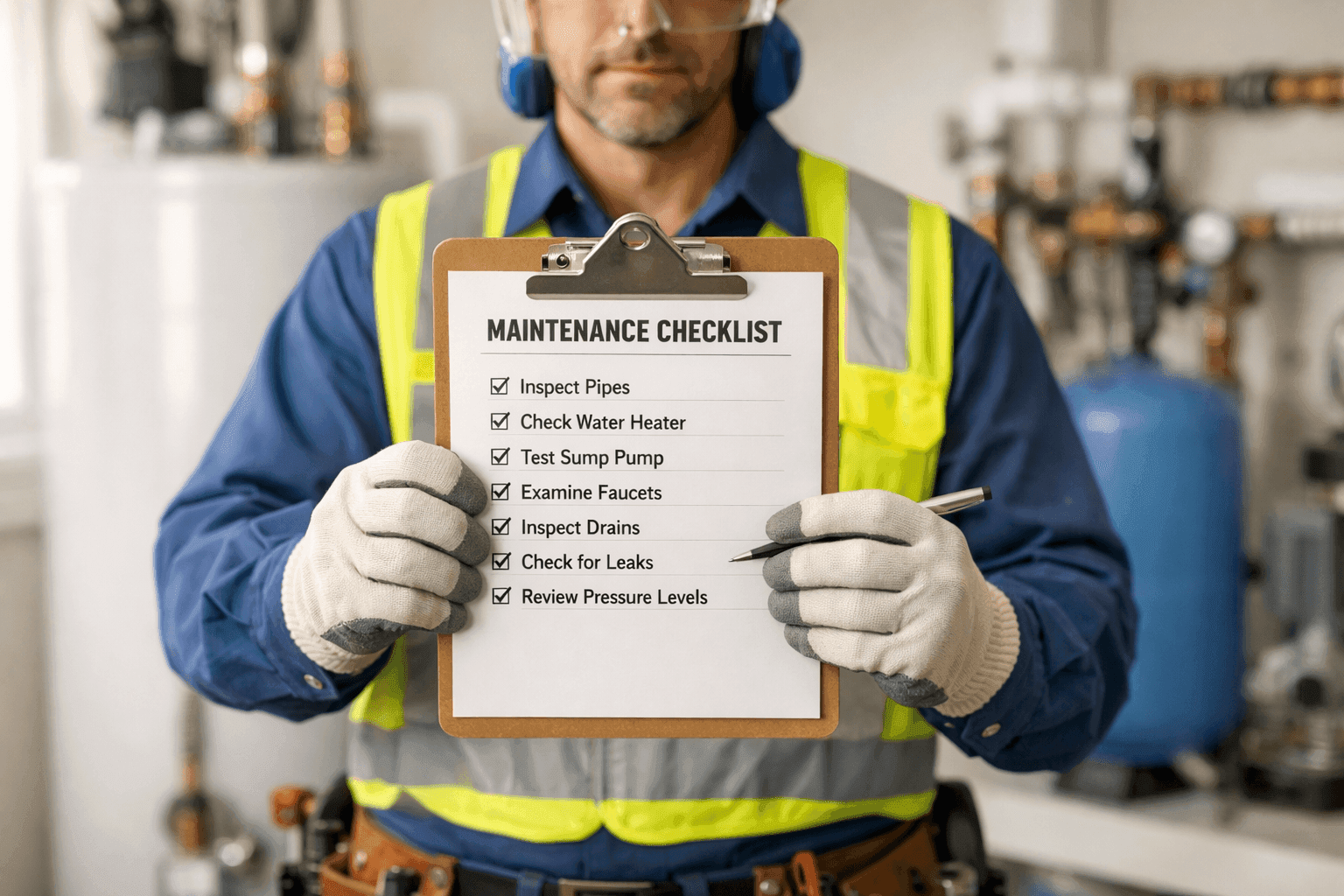 Plumber reviewing plumbing maintenance checklist in home