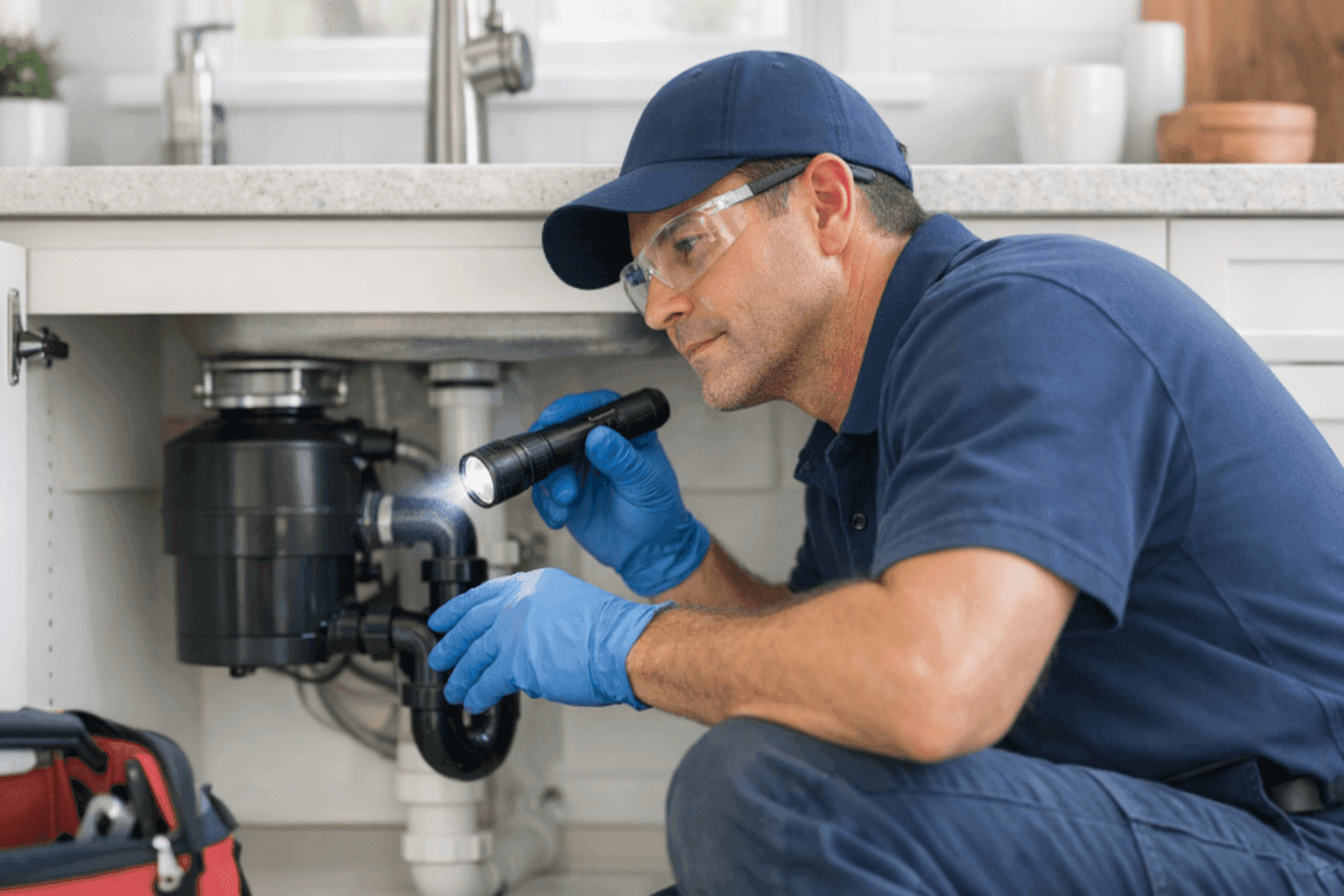 Homeowner checking sink pipes under kitchen cabinet for leaks