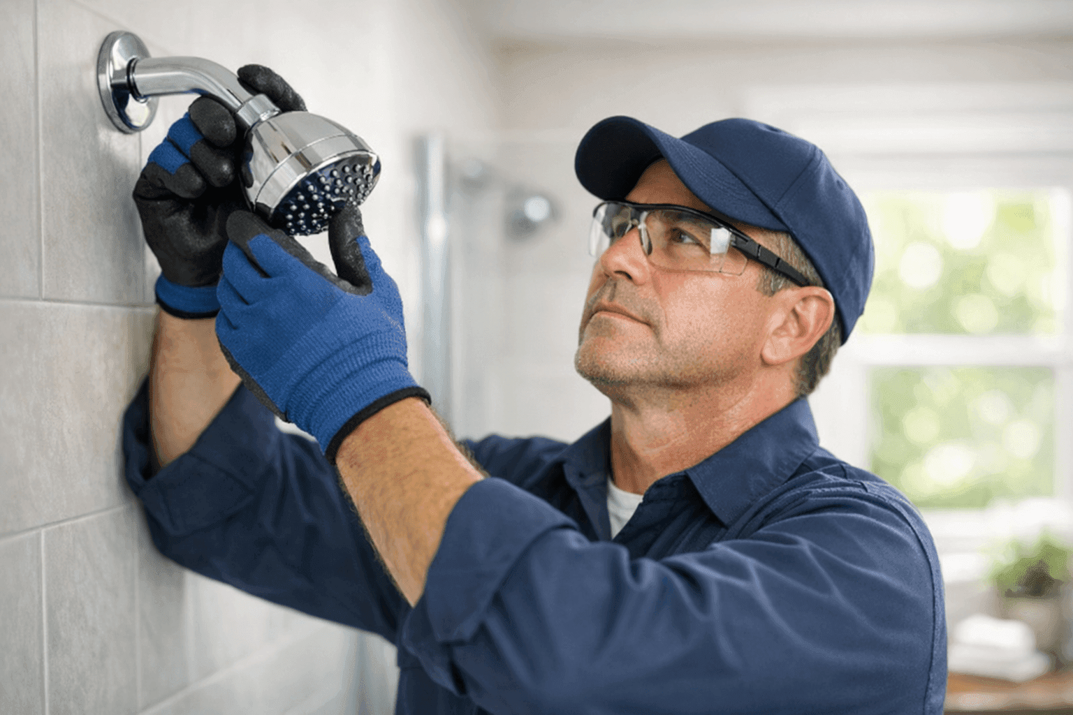 Plumber installing low-flow showerhead in bathroom