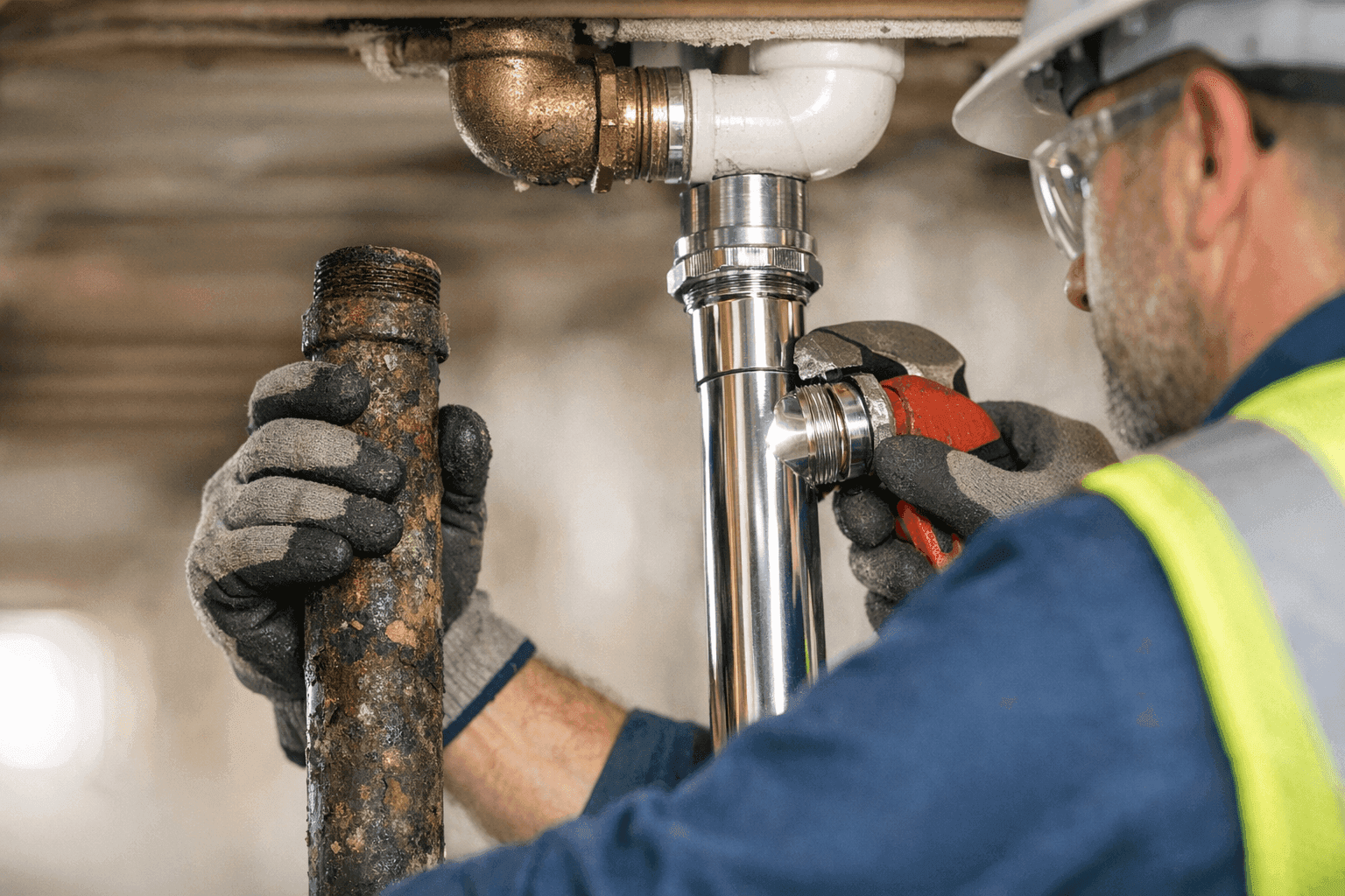 Plumber replacing old pipes in home basement