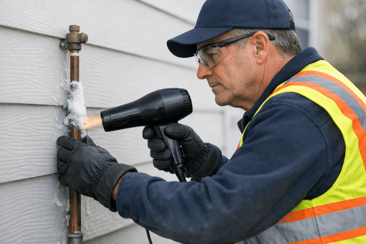 Homeowner safely thawing frozen pipe with hair dryer