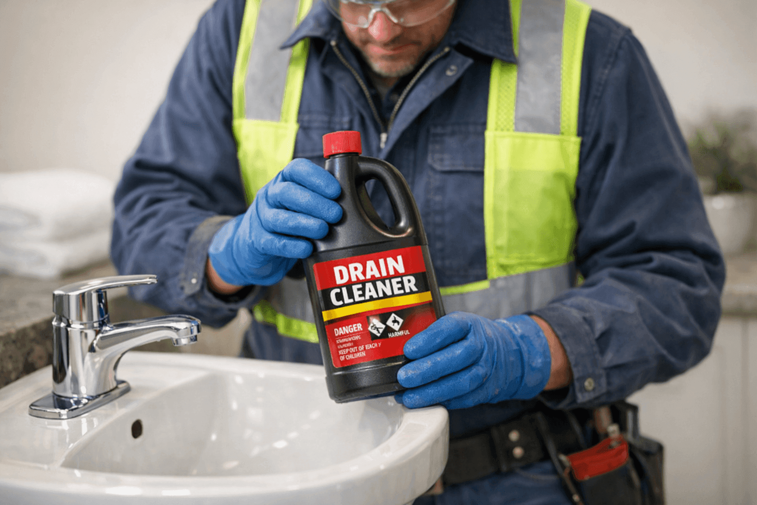 Plumber handling chemical drain cleaner bottle with gloves