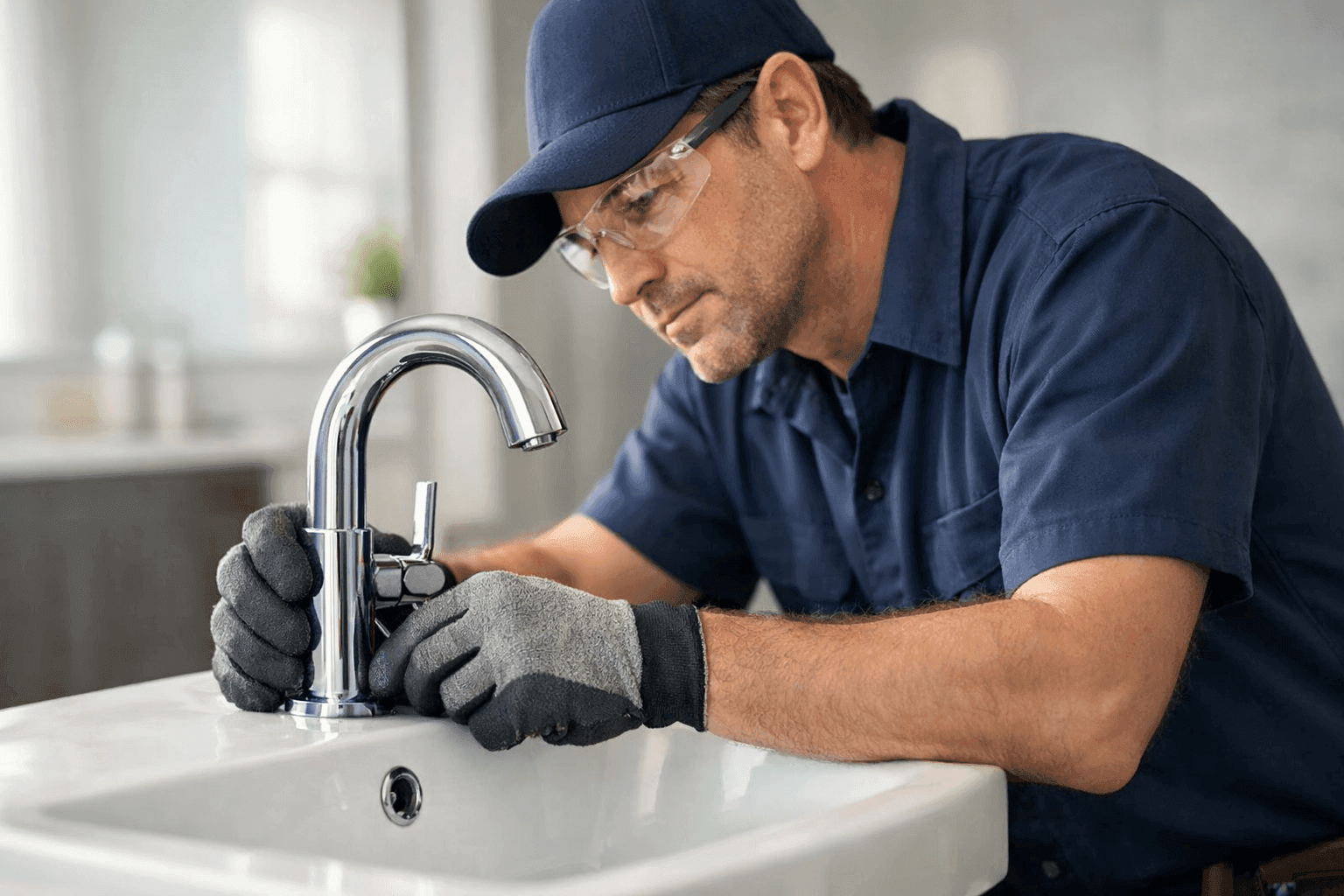 Plumber installing water-saving faucet in modern bathroom