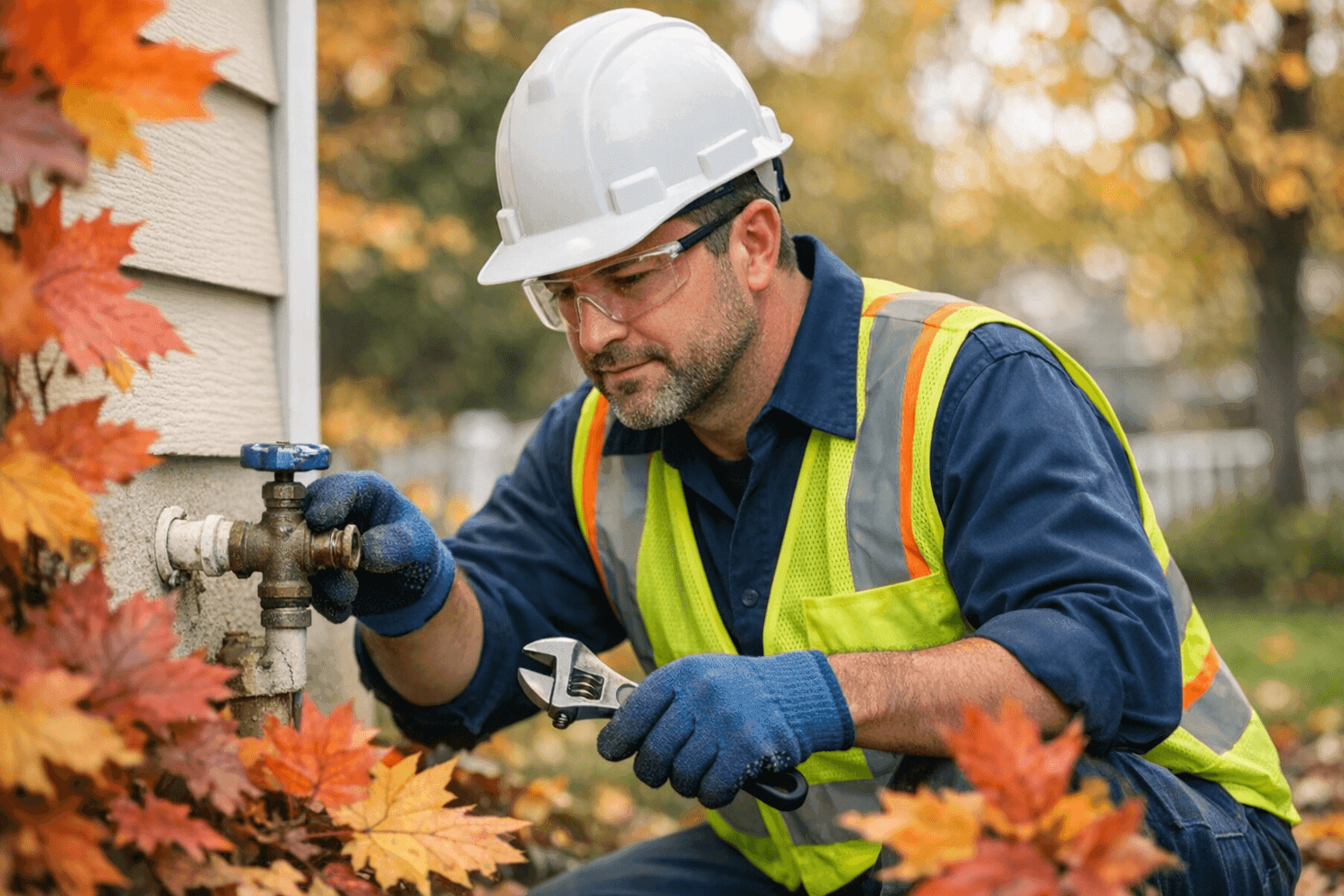Plumber inspecting outdoor faucet in autumn