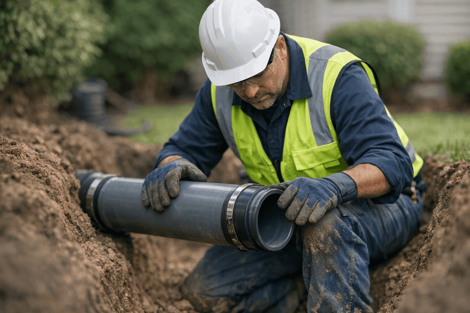 Plumber installing new sewer line in home yard
