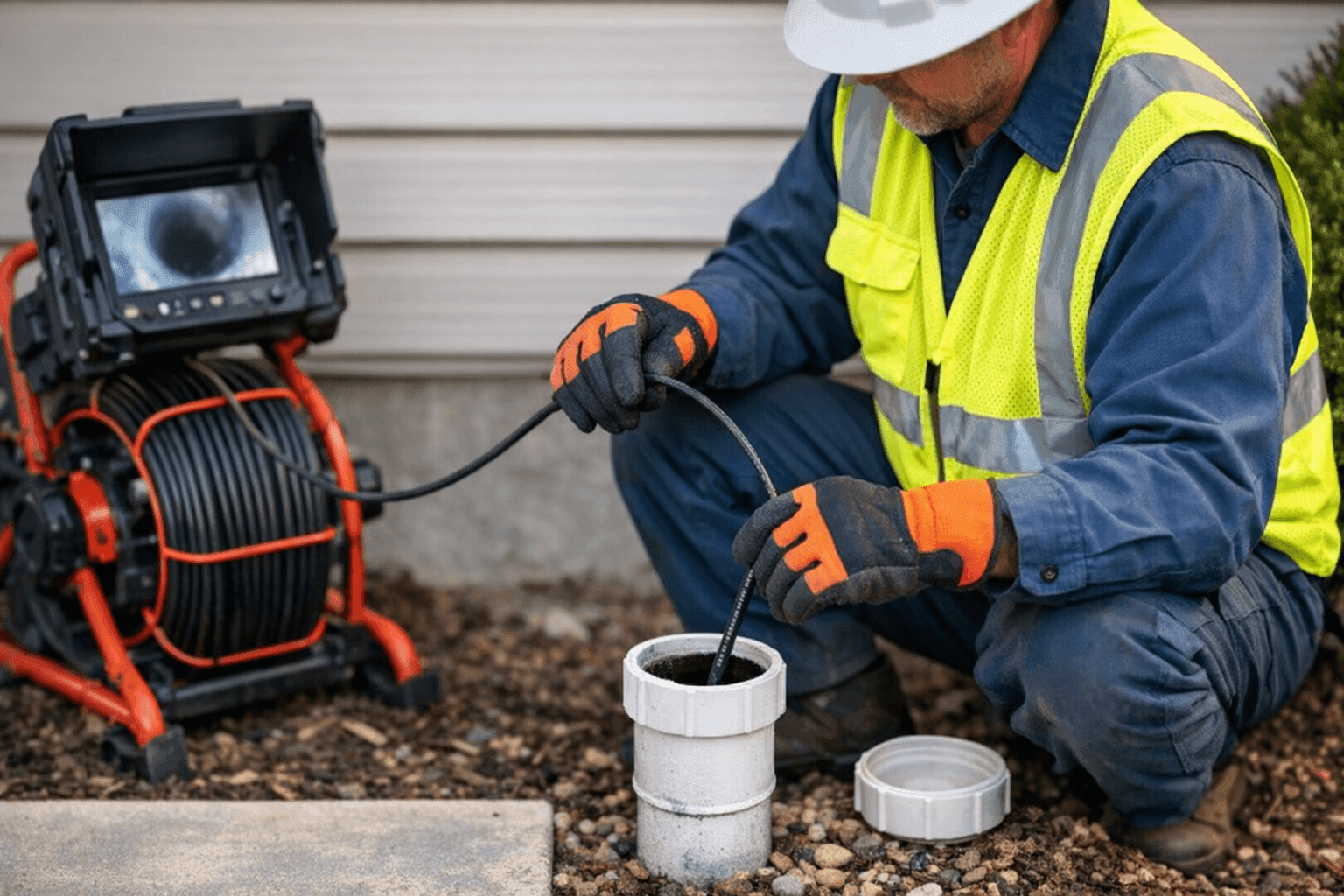 Plumber inspecting sewer line with camera tool