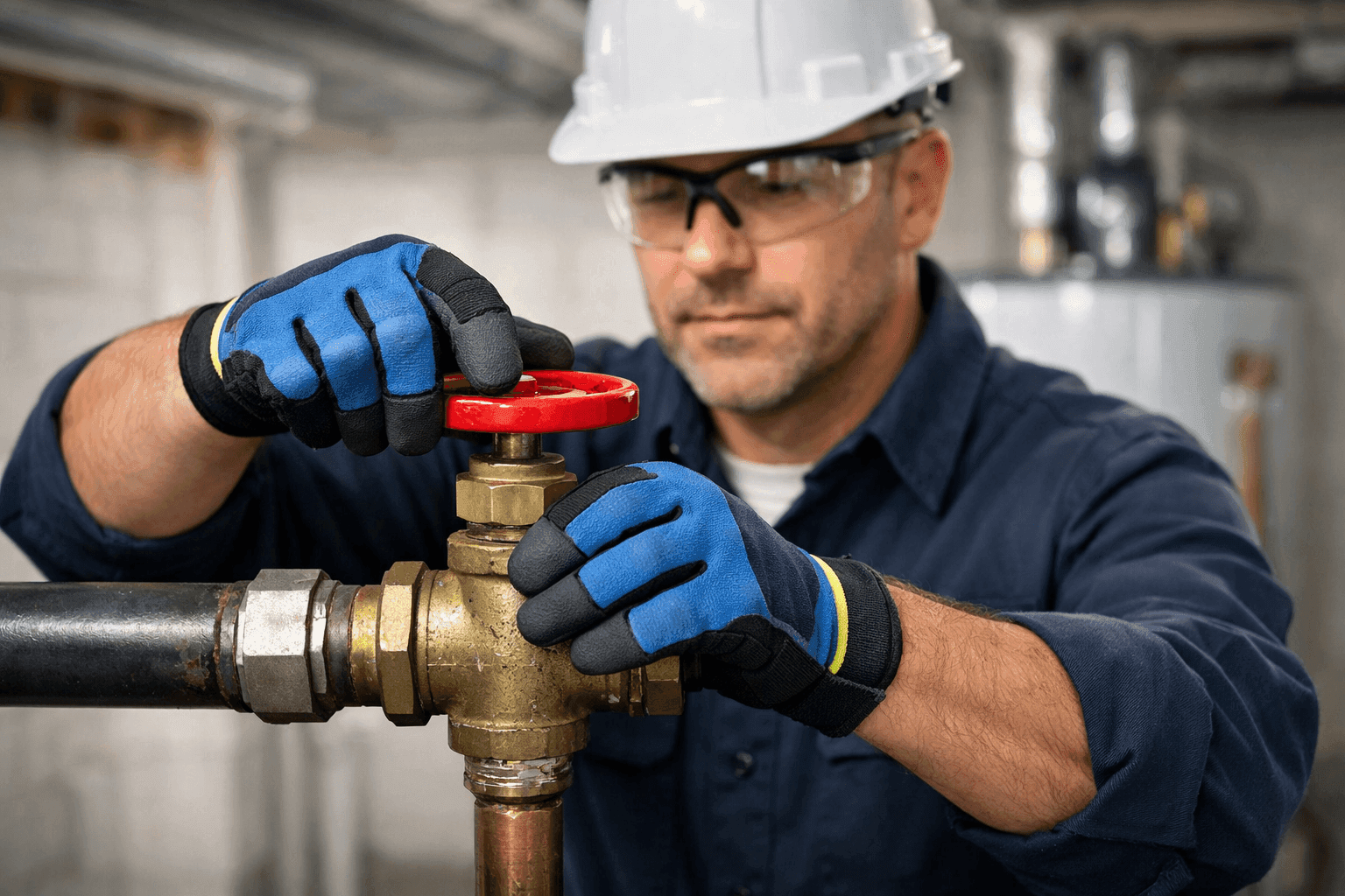 Homeowner turning water main shutoff valve in basement