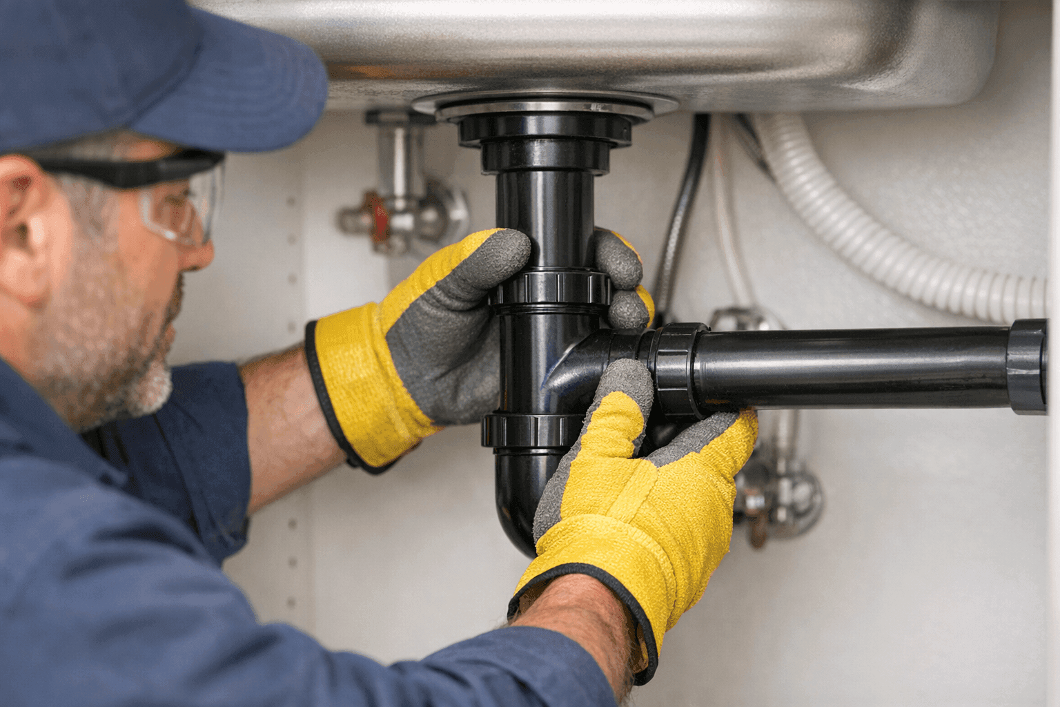 Plumber tightening kitchen sink drain pipe