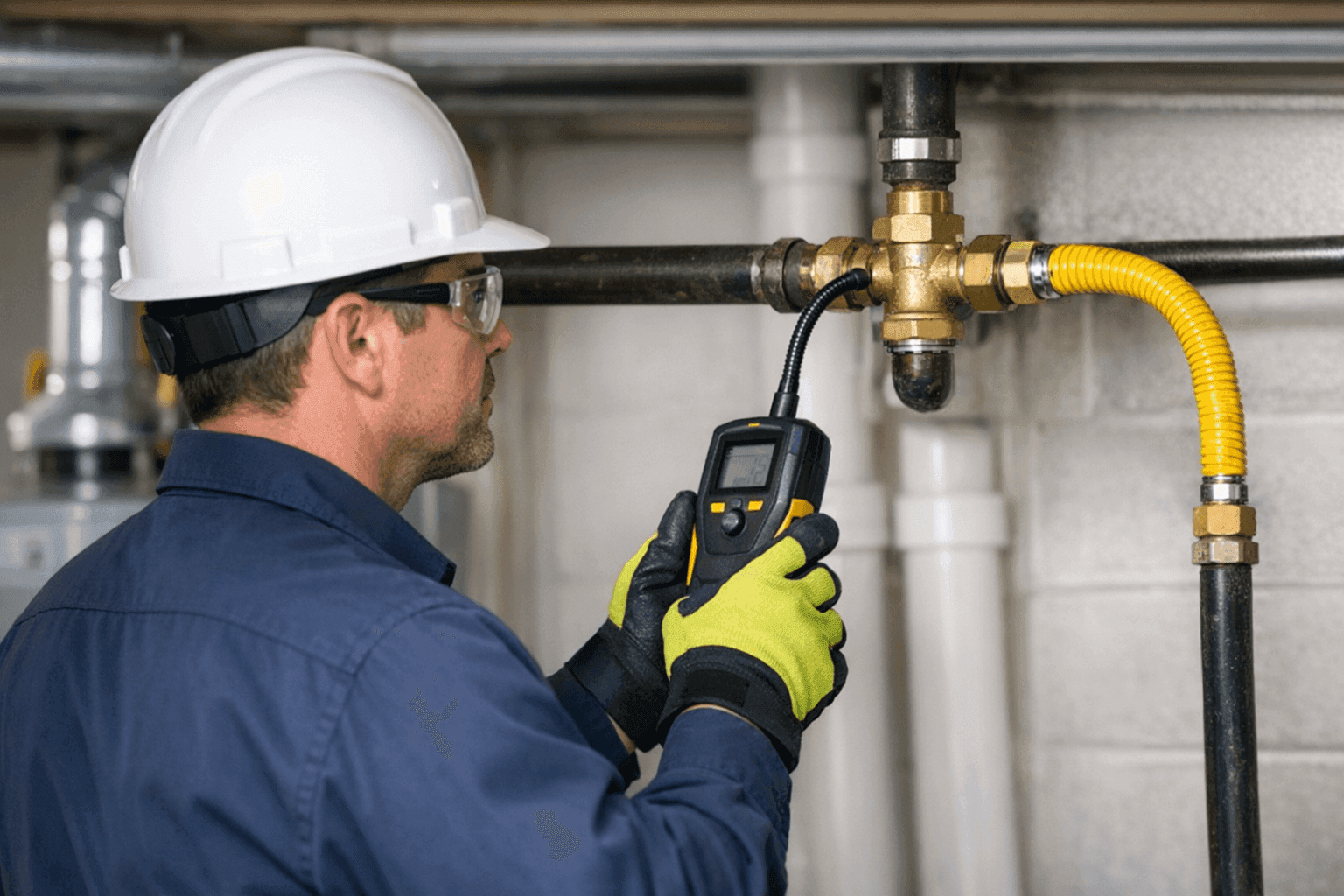 Technician examining residential gas line for leaks