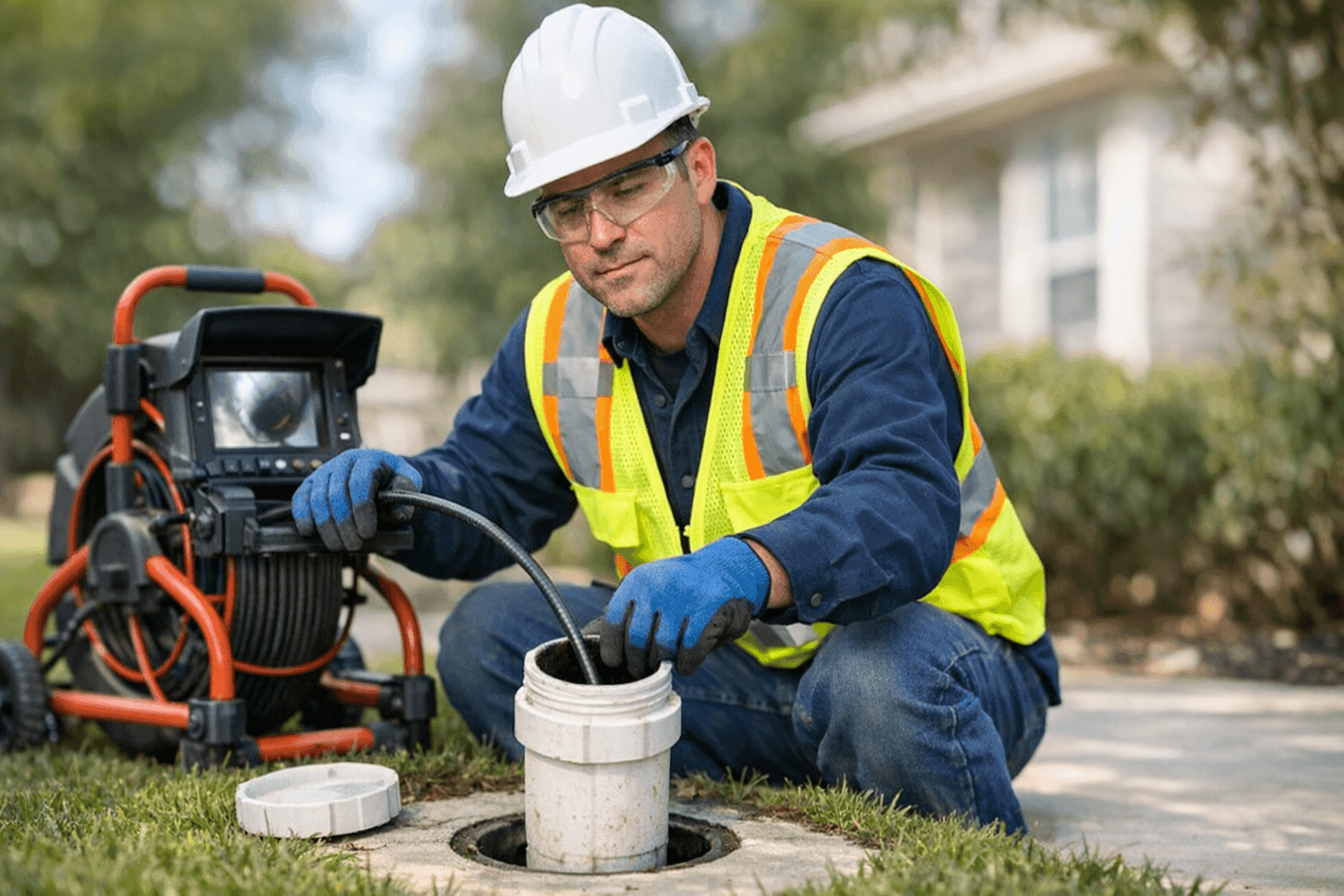 Plumber inspecting sewer line with camera