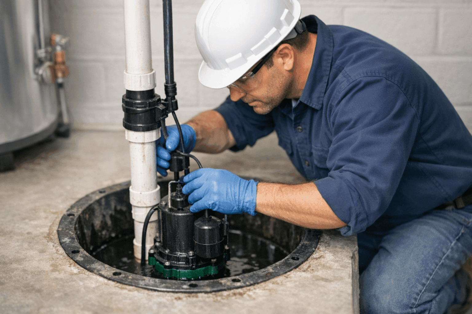 Plumber repairing a sump pump in basement pit