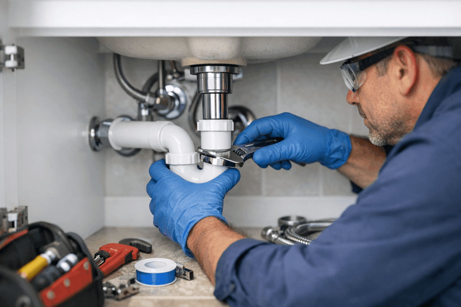 Plumber fixing a DIY plumbing error under a bathroom sink