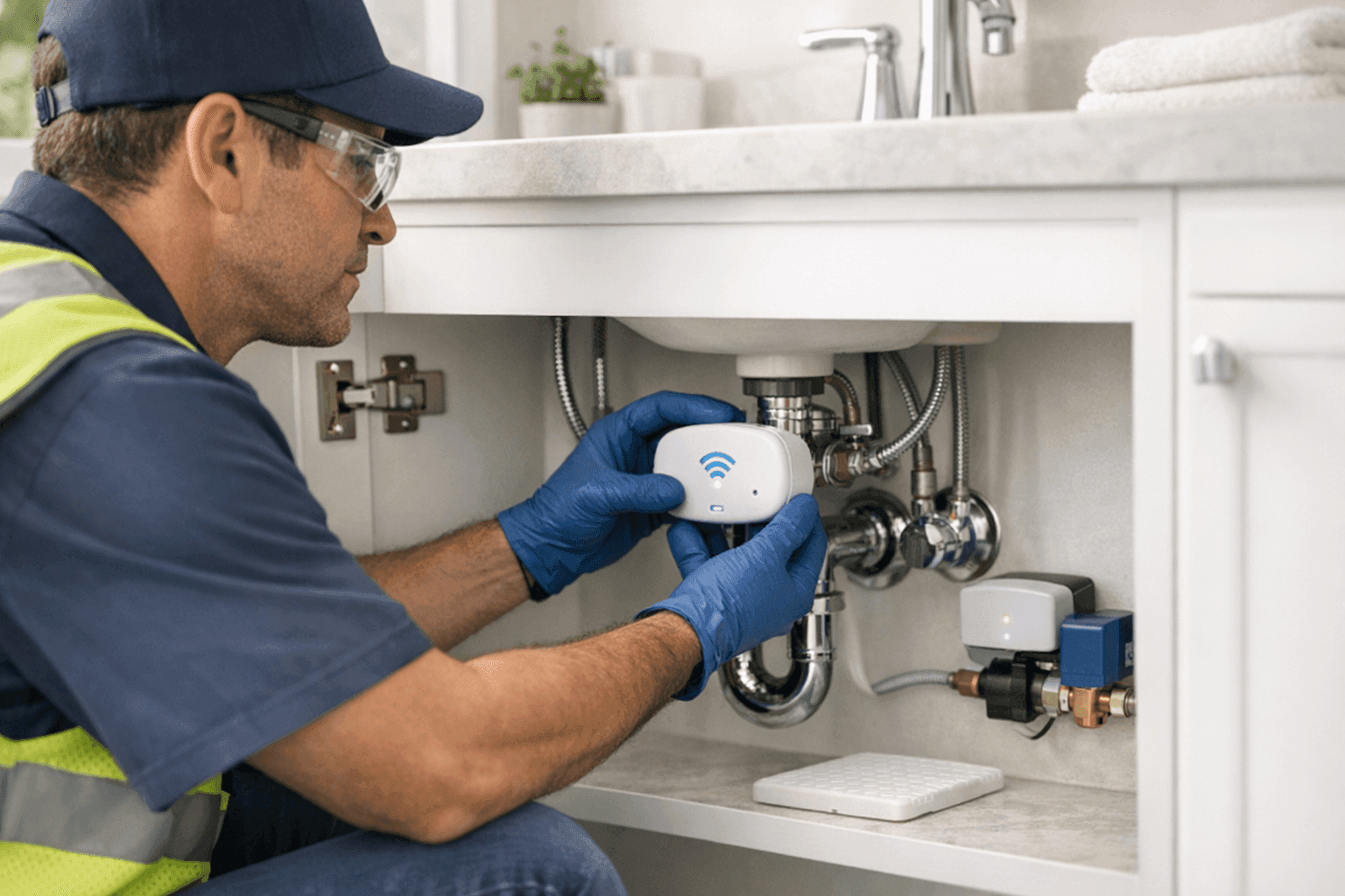 Plumber installing smart leak detector under bathroom sink
