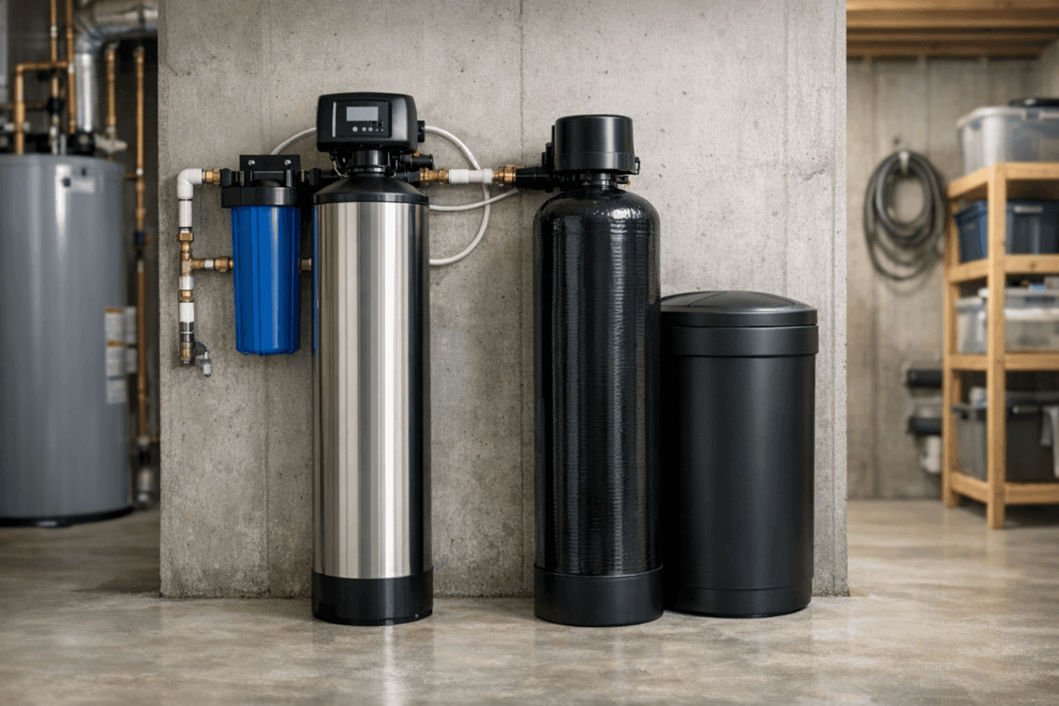 Side-by-side water filtration unit and water softener in basement