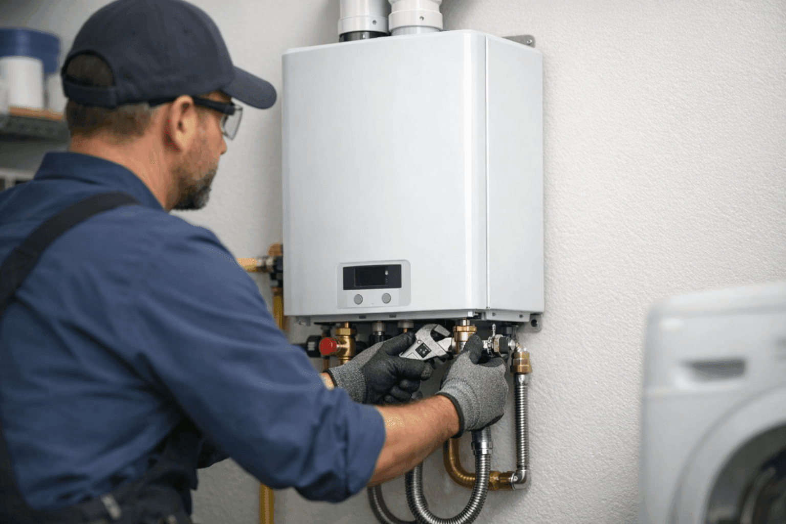 Plumber installing a new tankless water heater in home utility room