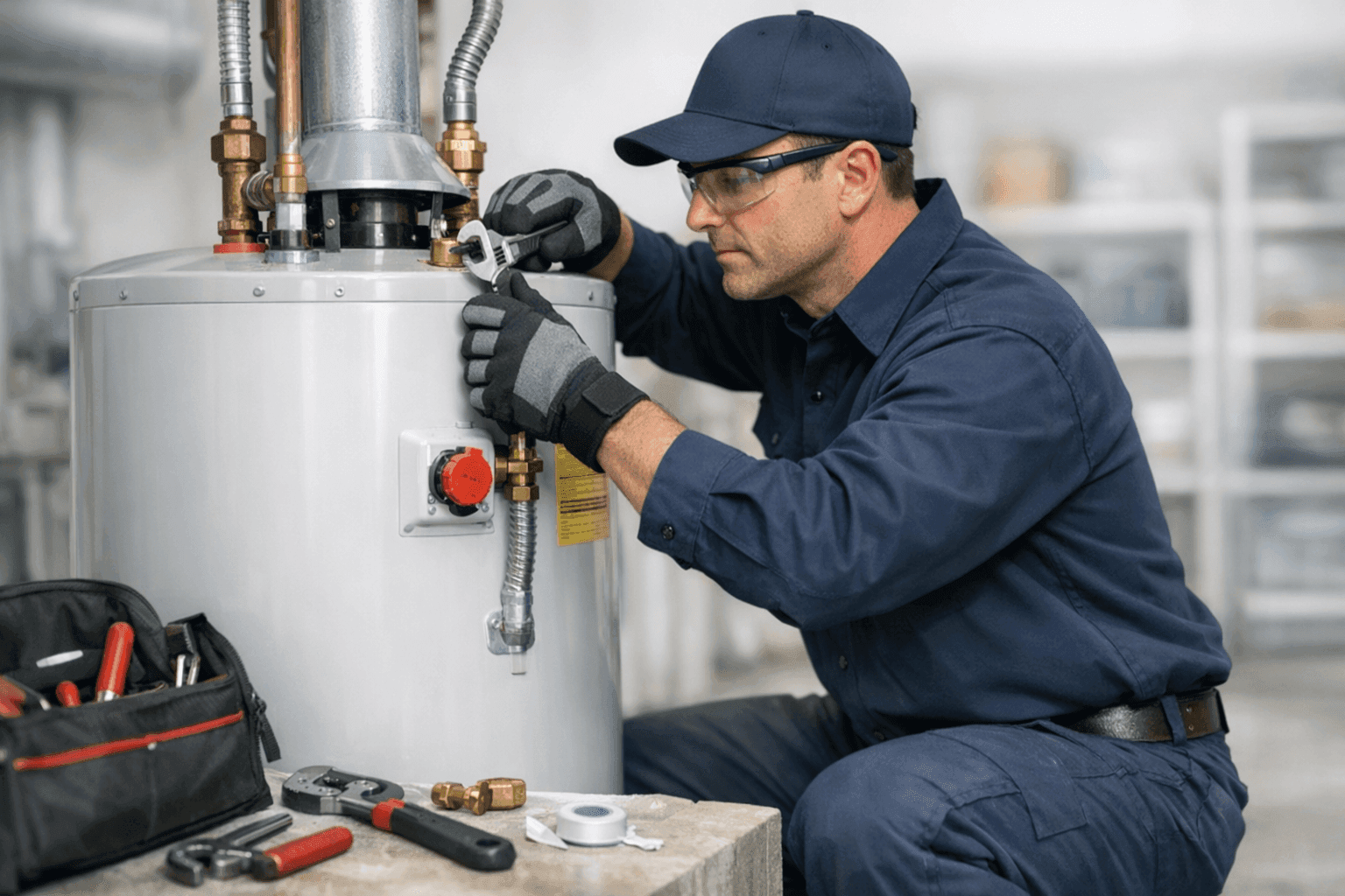 Plumber repairing a residential water heater tank