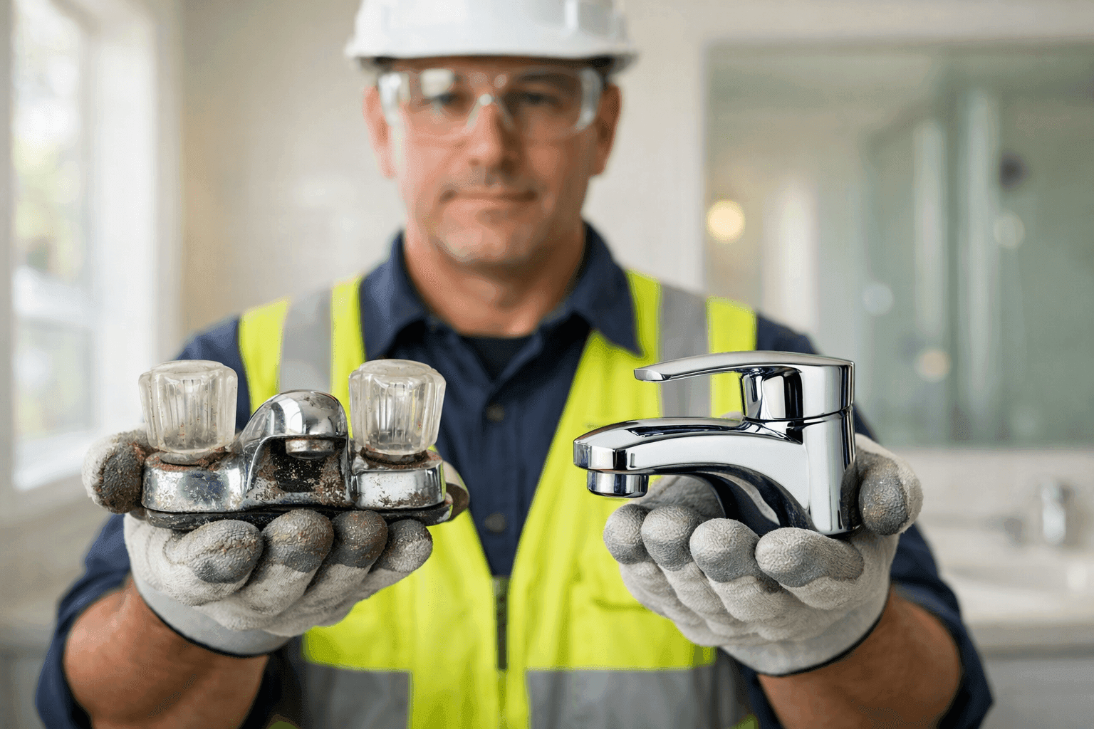 Plumber holding old and new bathroom faucet